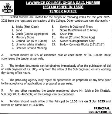 LAwrence College Murree Tender Notice